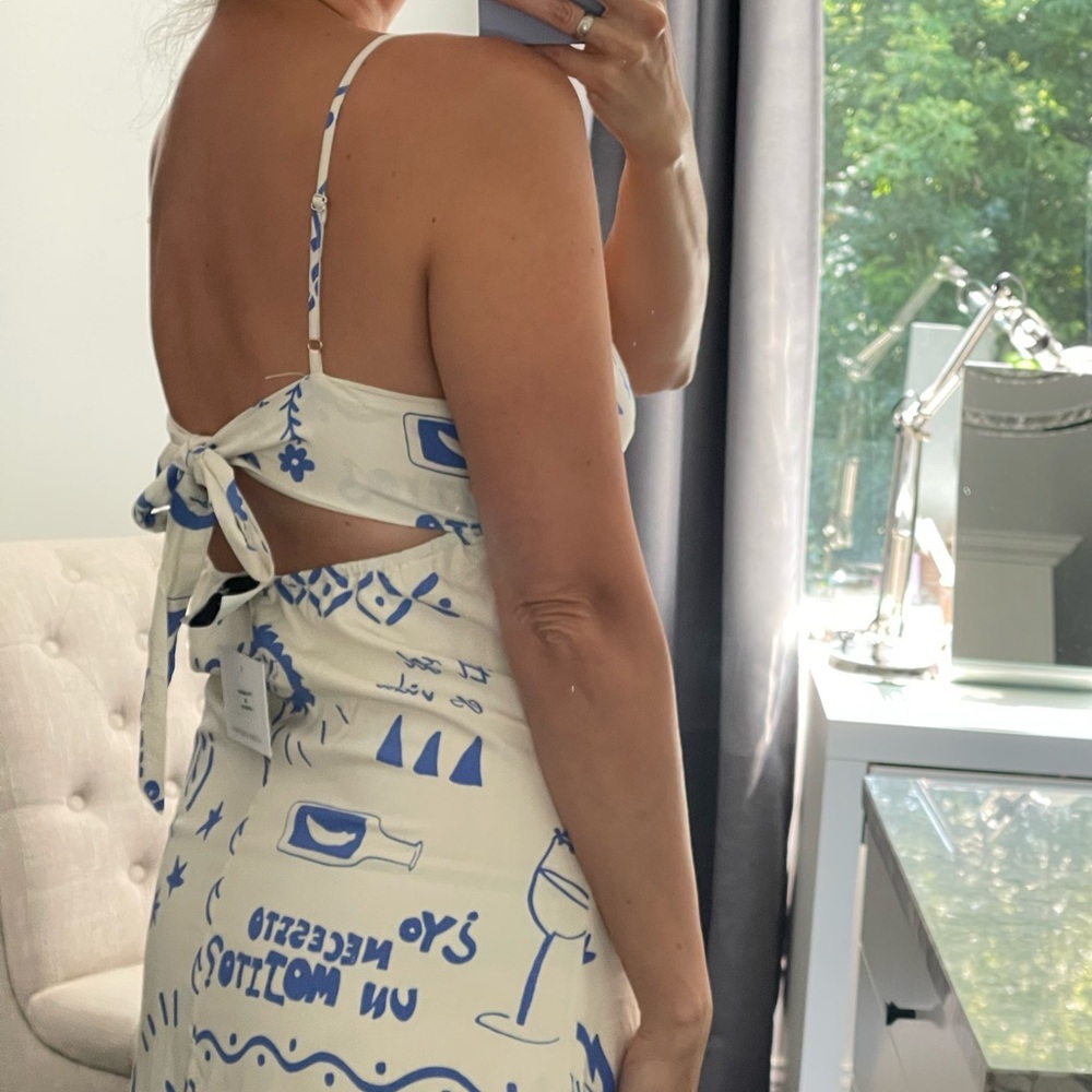 New! Blue and White Graphic Summer Print MIDI Dress with Thin Straps Size M